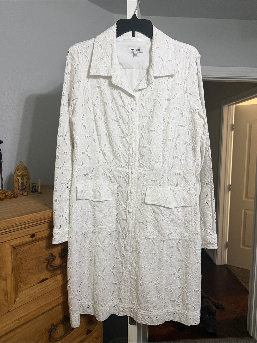 Kensie White Eyelet Button-Front Swim Coverup Coat